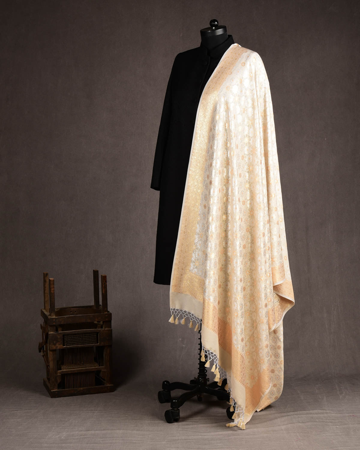 Beige Gold & Silver Zari Floral Jaal Cutwork Brocade Woven Muga Silk Banarasi Dupatta-HolyWeaves