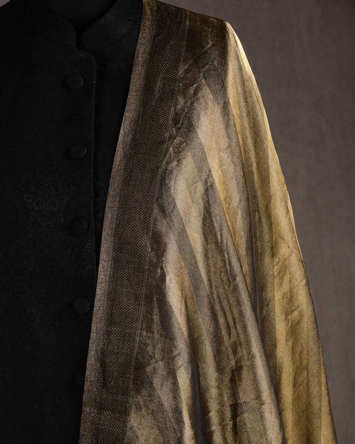 Metallic Gold WATERMARK Diagonal Stripes Brocade Handwoven Kora Tissue Banarasi Dupatta-HolyWeaves
