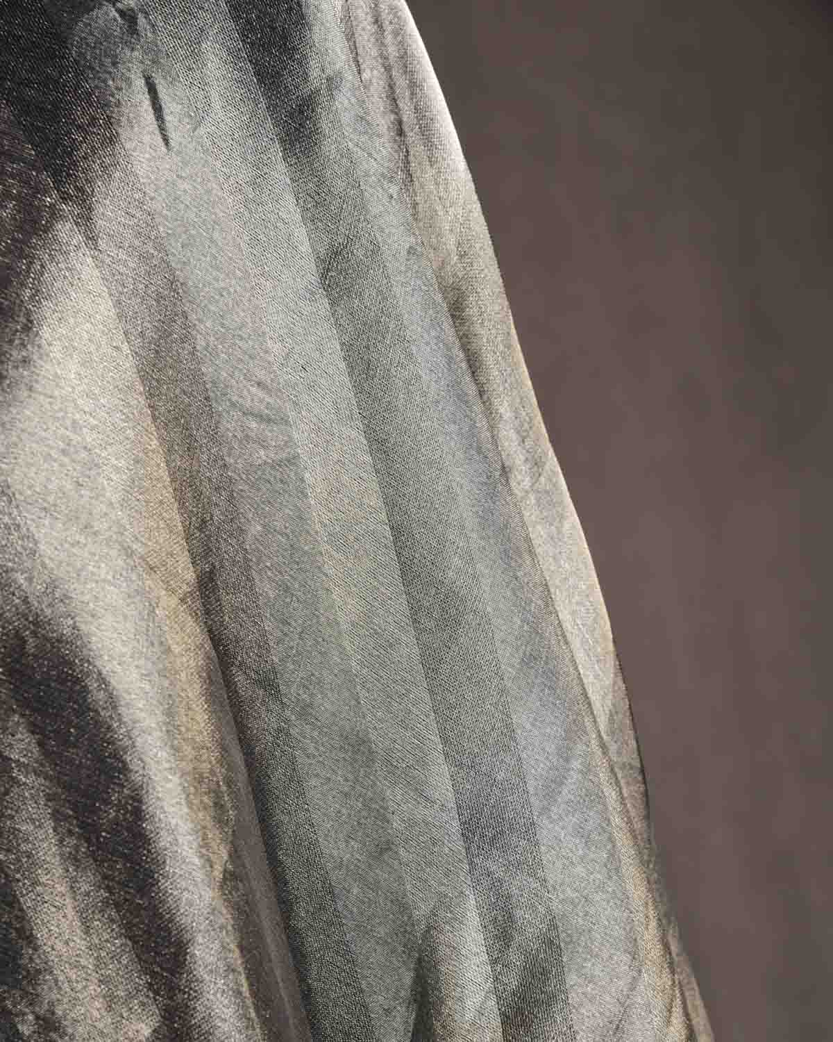 Metallic Silver WATERMARK Diagonal Stripes Brocade Handwoven Kora Tissue Banarasi Dupatta-HolyWeaves