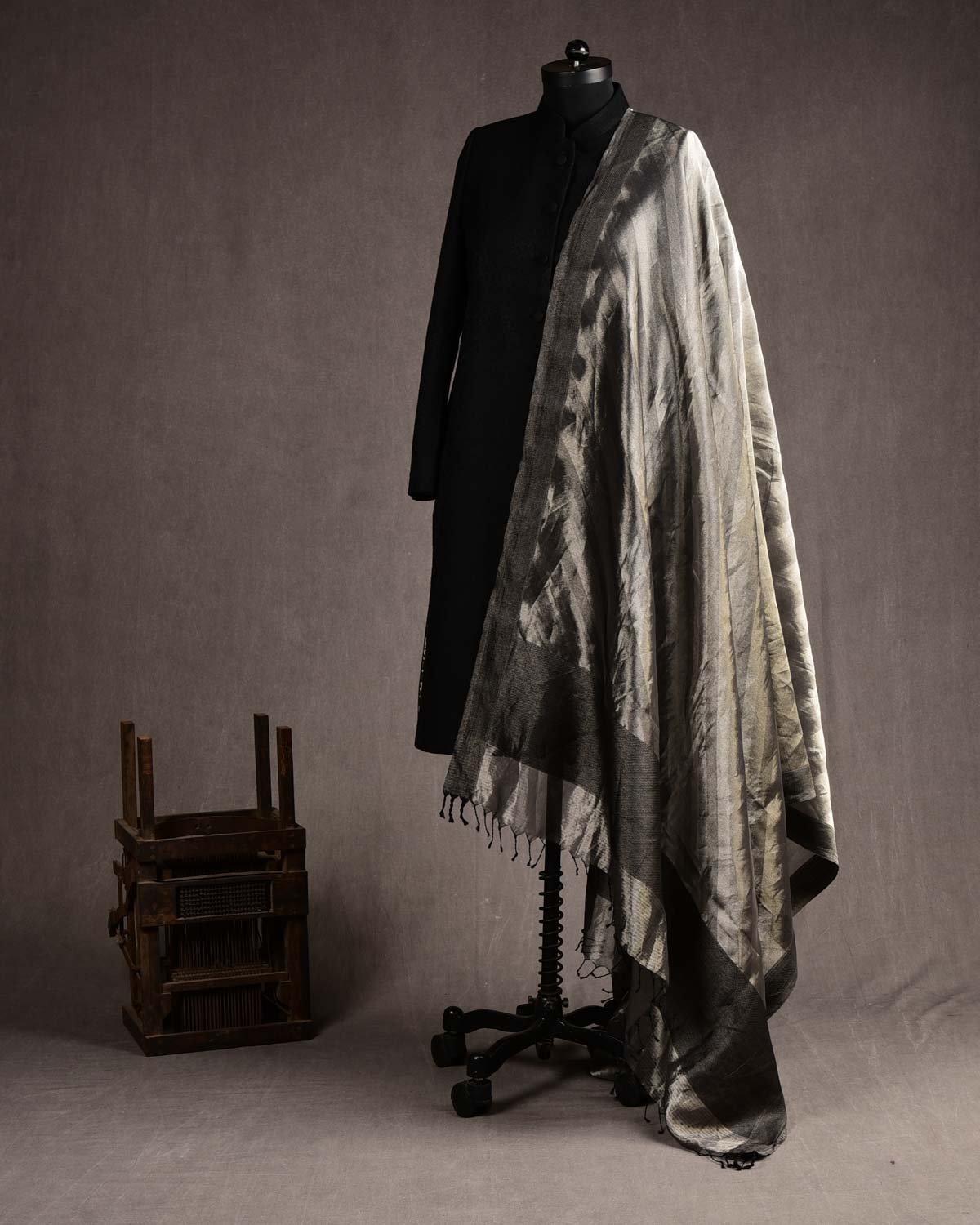 Metallic Silver WATERMARK Diagonal Stripes Brocade Handwoven Kora Tissue Banarasi Dupatta-HolyWeaves