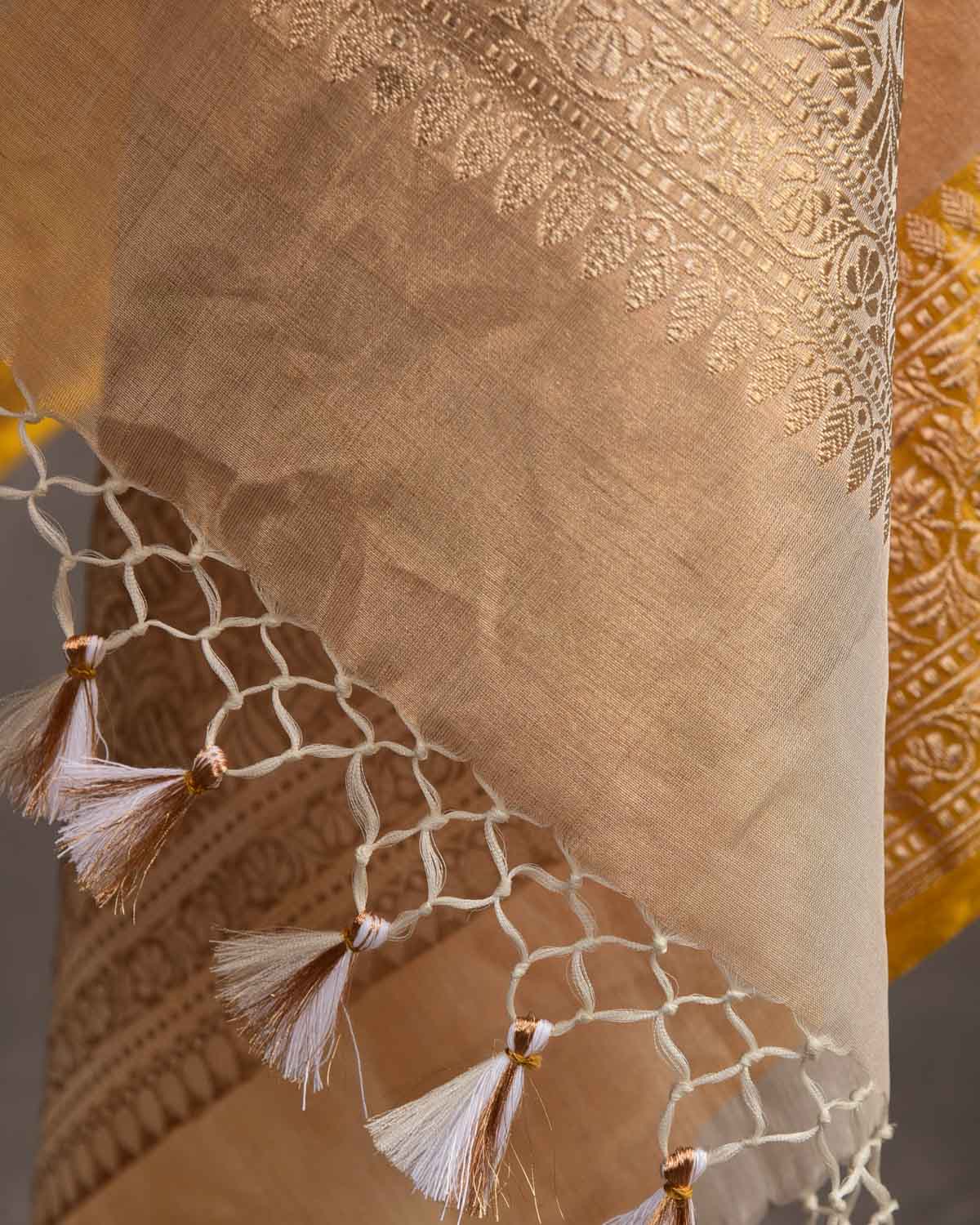 Metallic Beige Kadhuan Brocade Handwoven Kora Tissue Banarasi Dupatta-HolyWeaves