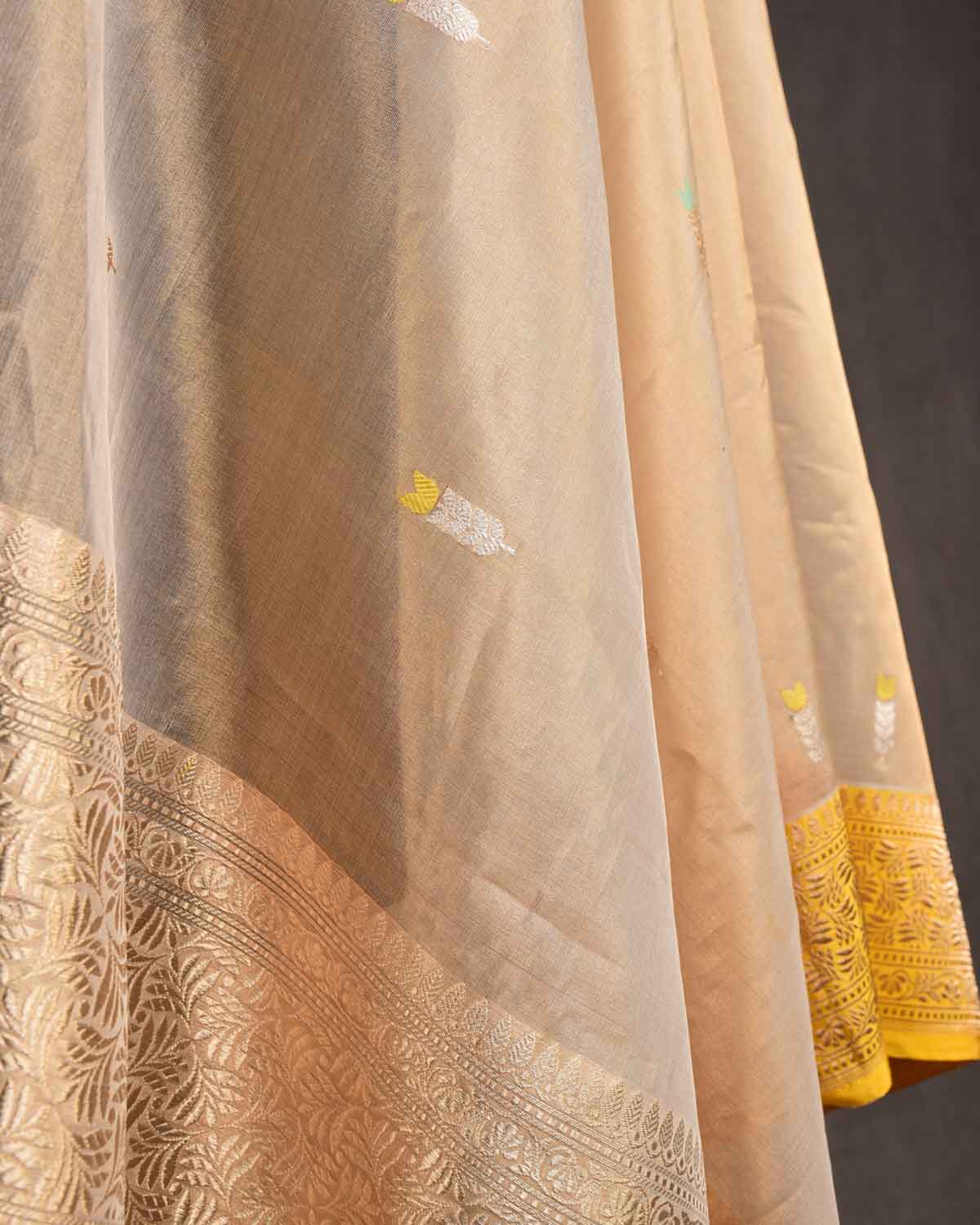 Metallic Beige Kadhuan Brocade Handwoven Kora Tissue Banarasi Dupatta-HolyWeaves