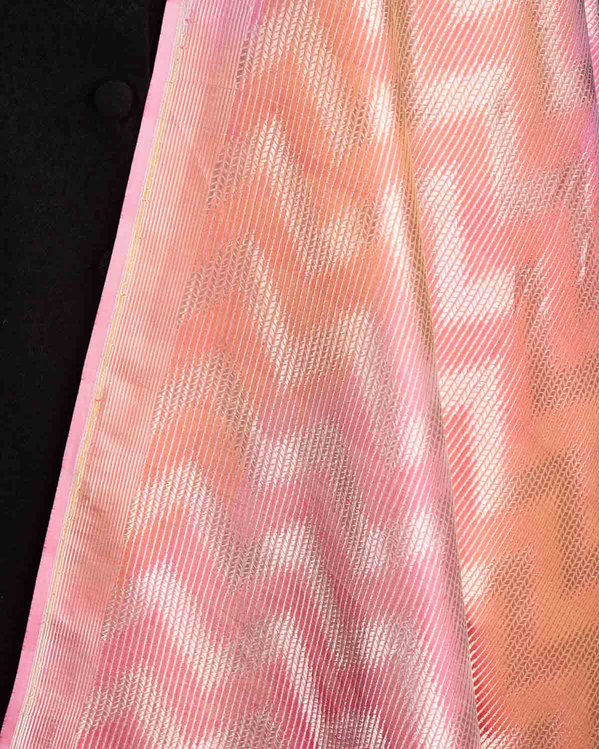 Ombre Pink Gold Zari Chevron Brocade Handwoven Katan Silk Banarasi Dupatta-HolyWeaves