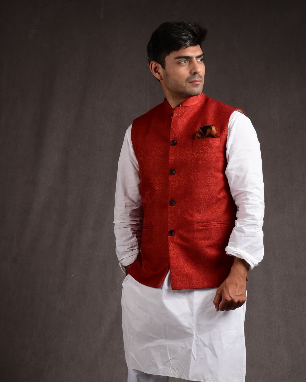 Rust Banarasi Damask Tanchoi Silk Wool Mens Modi Jacket-HolyWeaves