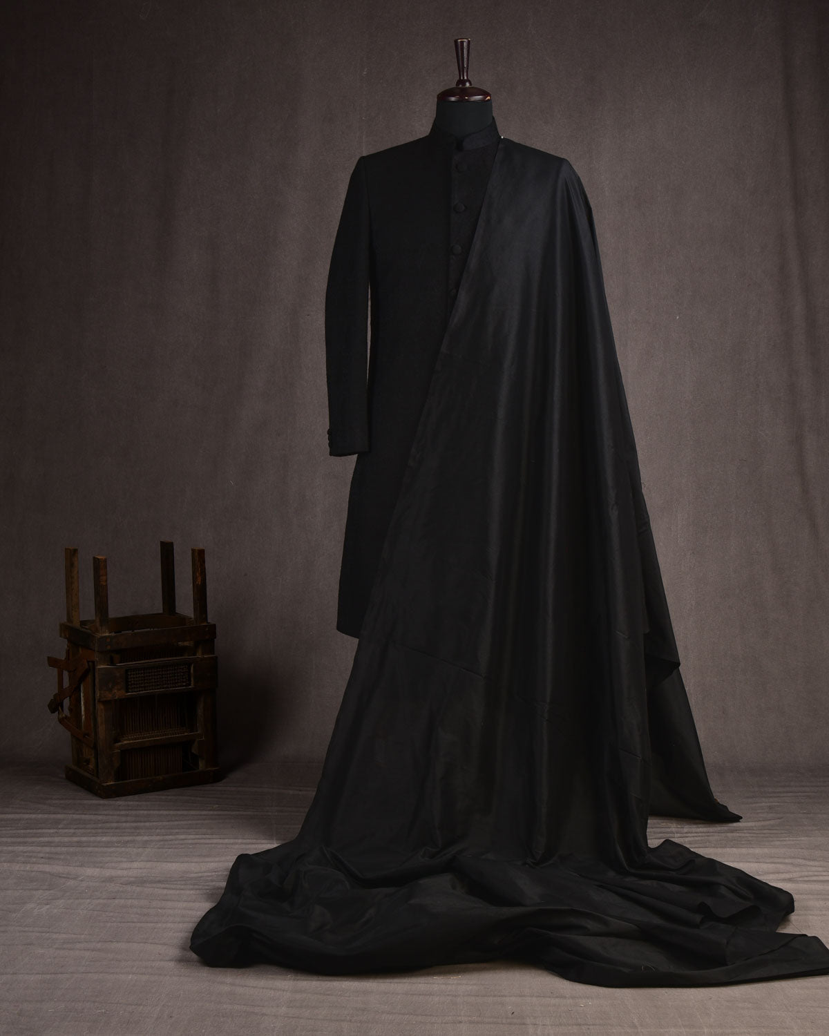 Black Banarasi Plain Woven Spun Silk Unisex Fabric-HolyWeaves