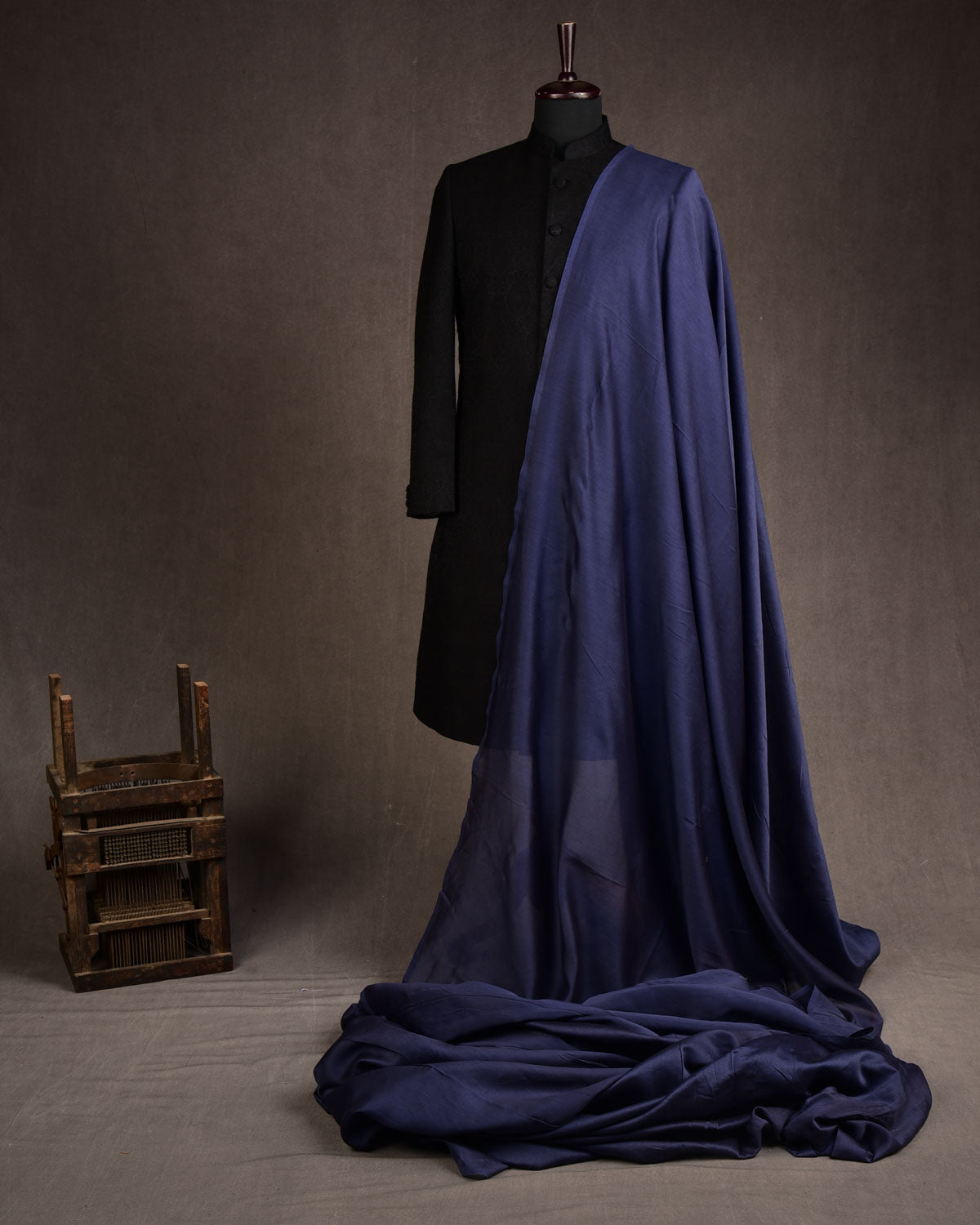 Navy Blue Banarasi Pure Cotton Silk Fabric-HolyWeaves