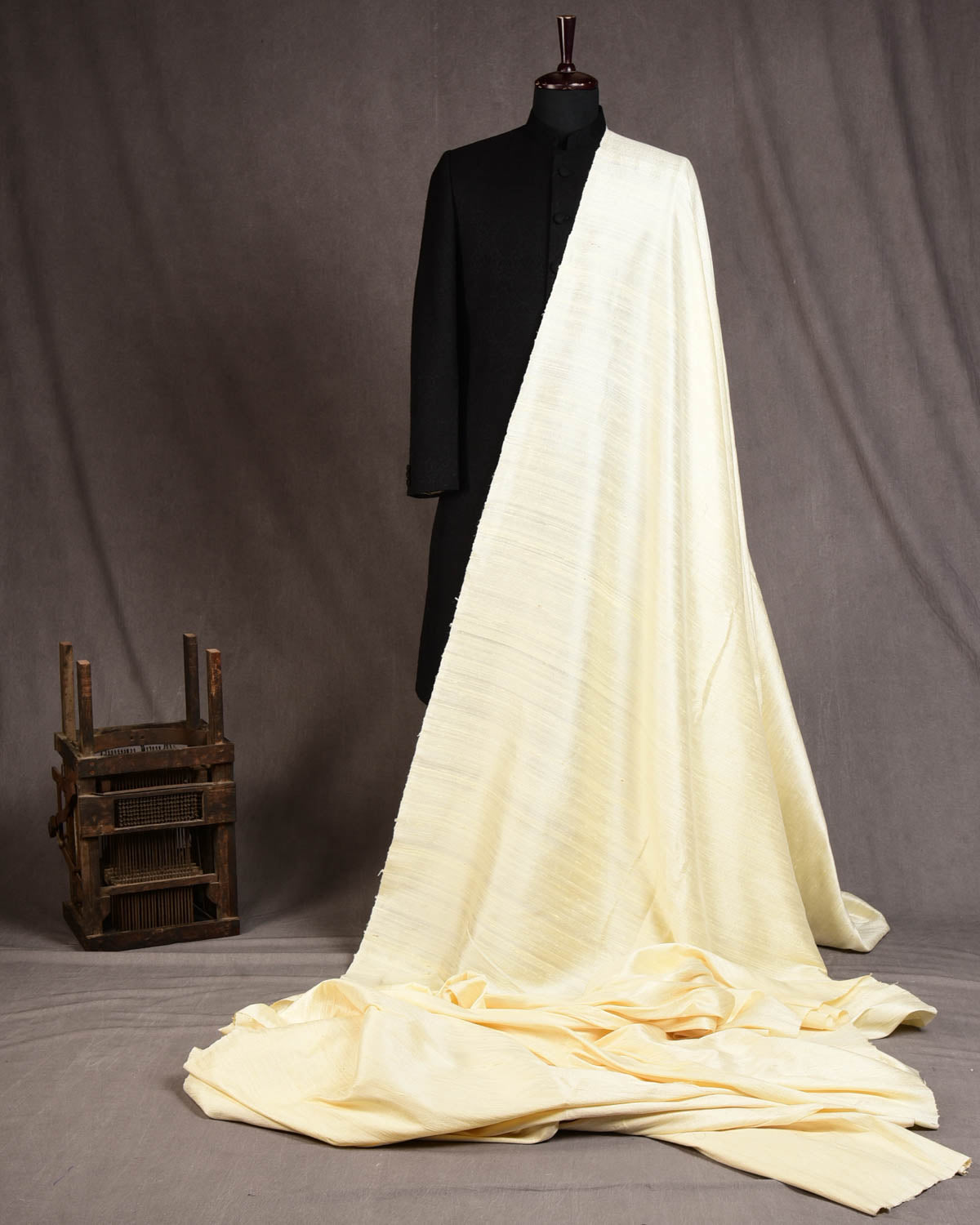 Cream Banarasi Textured Handwoven Raw Silk Fabric-HolyWeaves