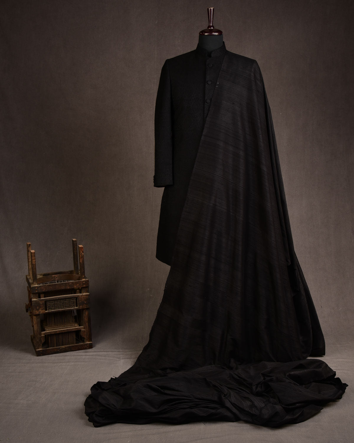 Black Banarasi Textured Handwoven Raw Silk Fabric-HolyWeaves