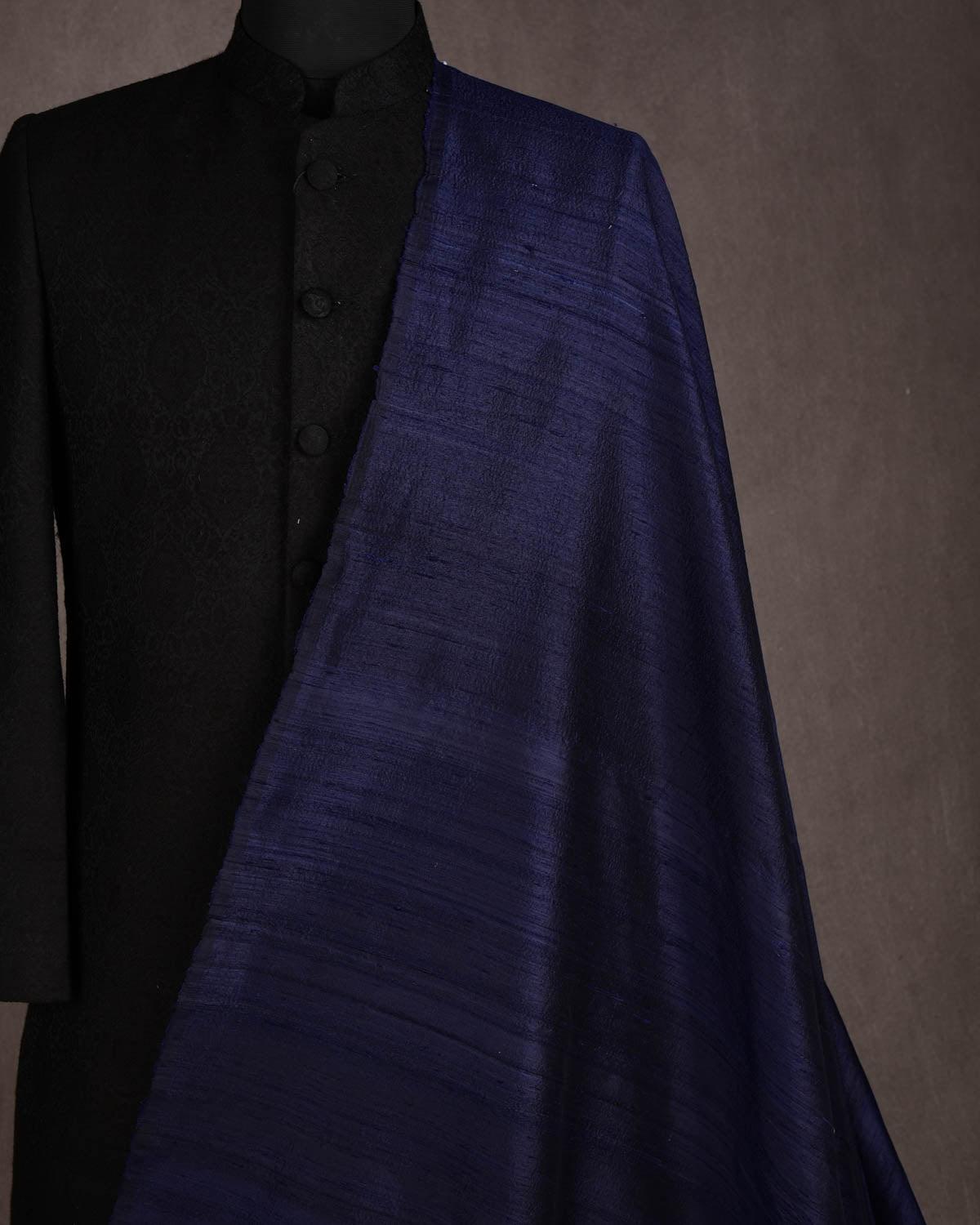 Navy Blue Textured Slub Handwoven Raw Silk Banarasi Fabric-HolyWeaves