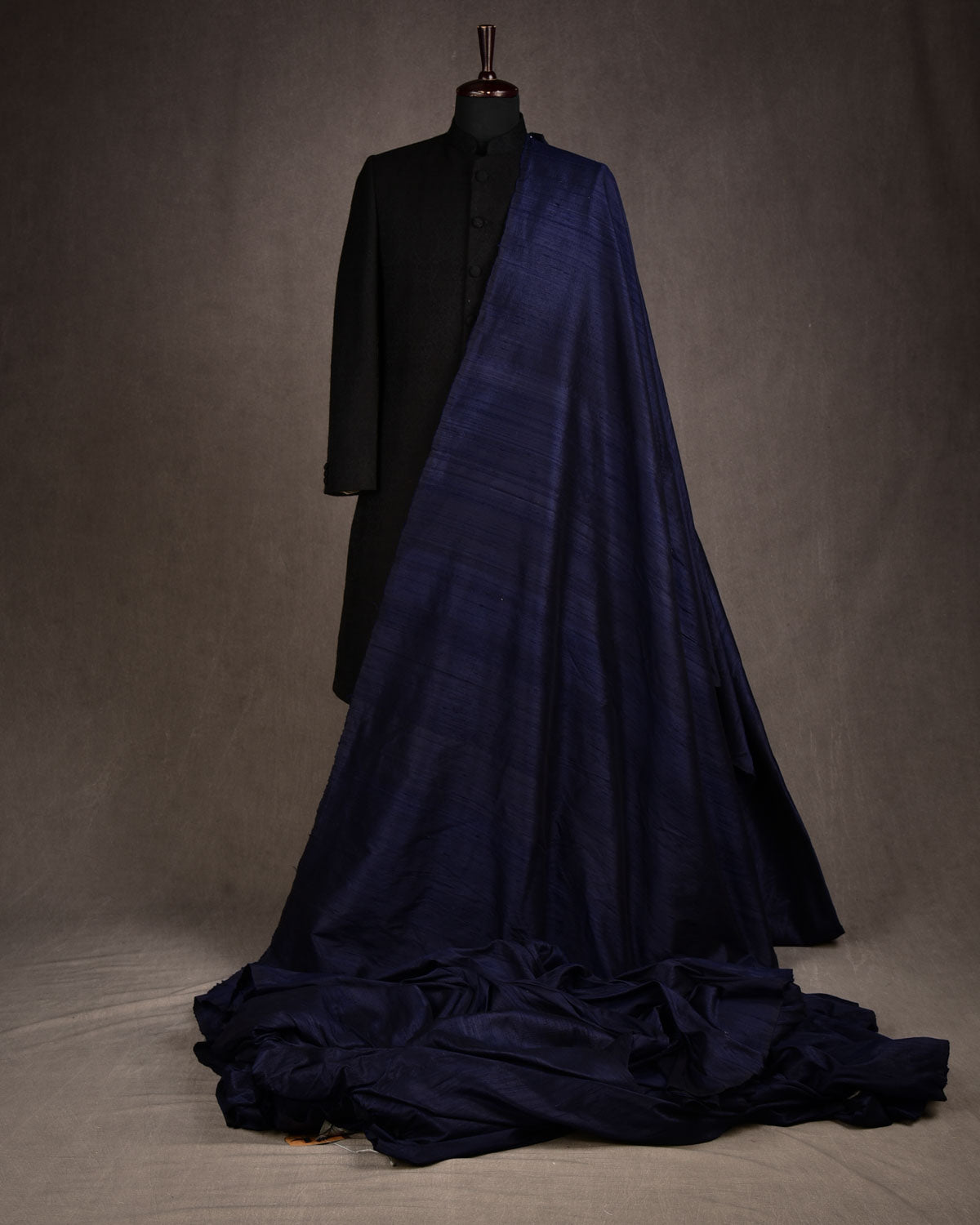 Navy Blue Textured Slub Handwoven Raw Silk Banarasi Fabric-HolyWeaves