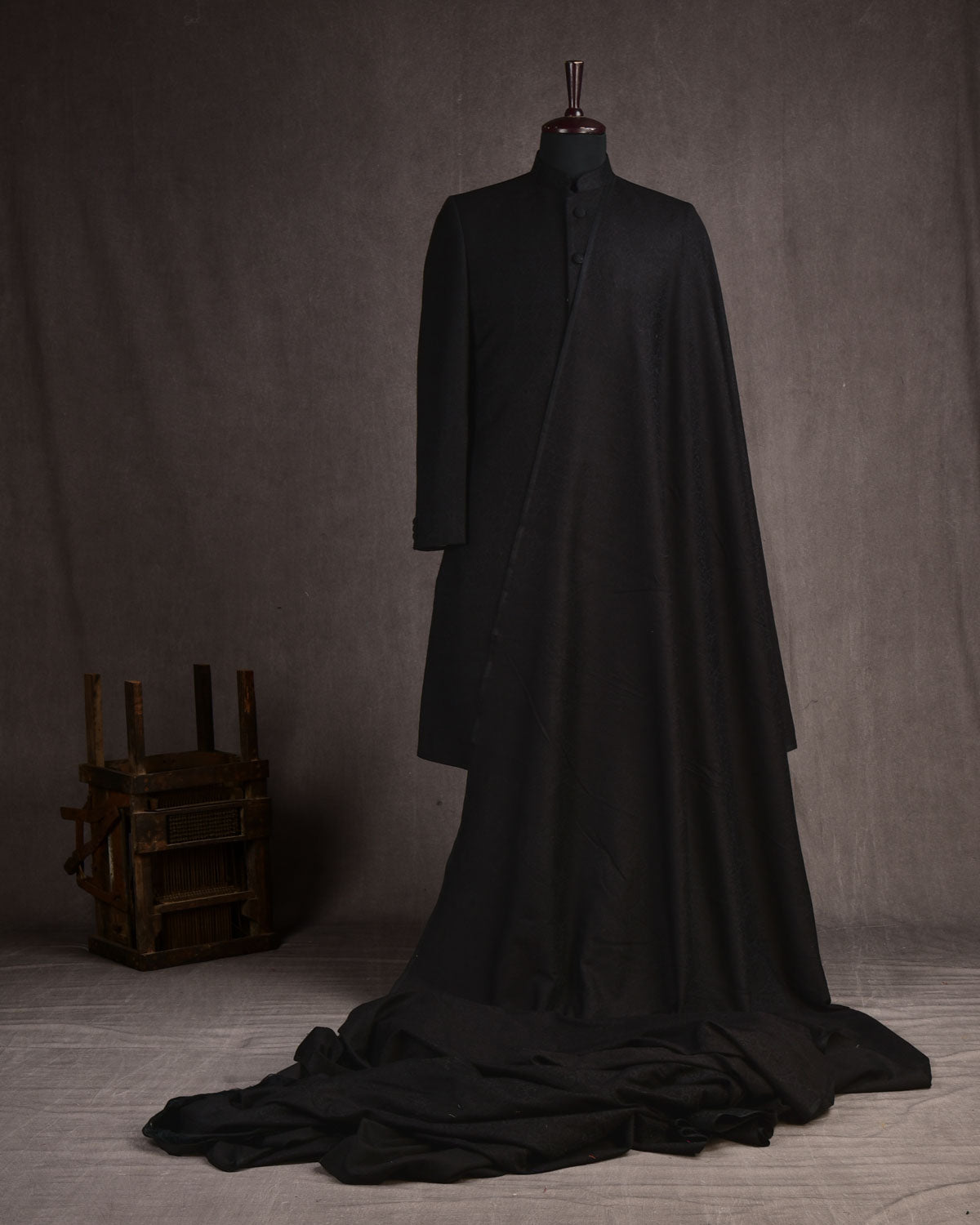 Black Banarasi Tanchoi Handwoven Silk-Wool Fabric-HolyWeaves