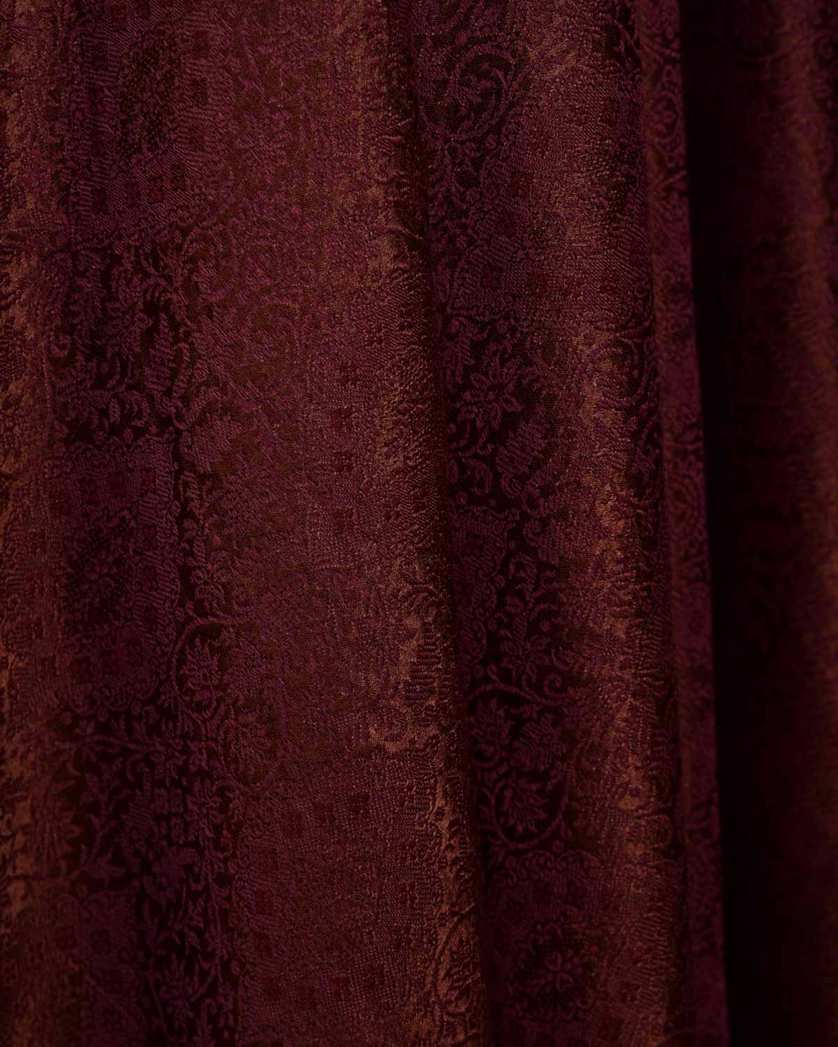 Brown Satin Parora Tanchoi Handwoven Silk-Wool Banarasi Fabric-HolyWeaves