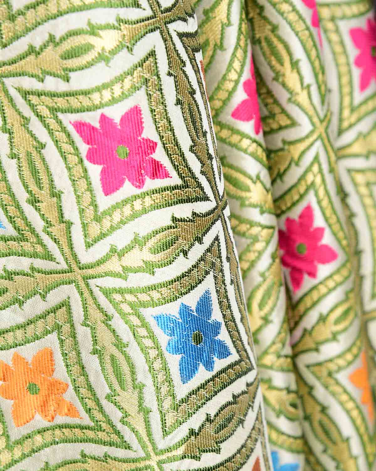 Cream Banarasi Tehra Kimkhwab Brocade Handwoven Viscose Silk Unisex Fabric-HolyWeaves