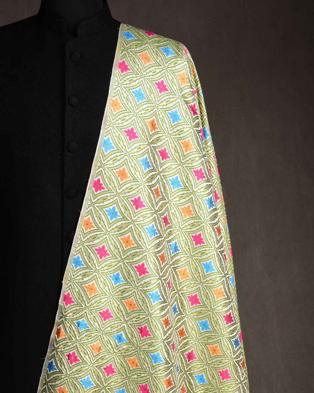 Cream Banarasi Tehra Kimkhwab Brocade Handwoven Viscose Silk Unisex Fabric-HolyWeaves