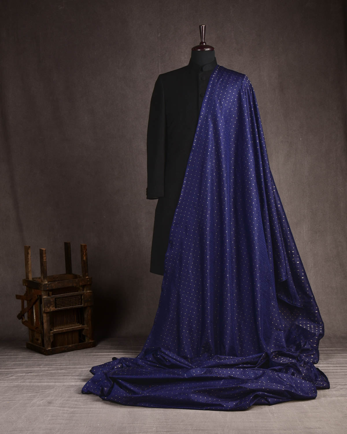 Navy Blue Banarasi Zari Buti Tanchoi Brocade Handwoven Katan Silk Fabric-HolyWeaves