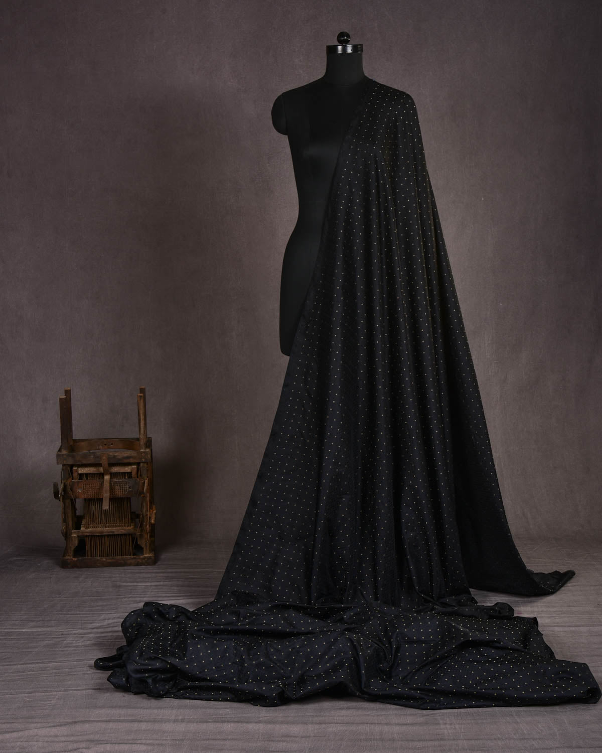 Black Banarasi Zari Buti Tanchoi Brocade Handwoven Katan Silk Fabric-HolyWeaves