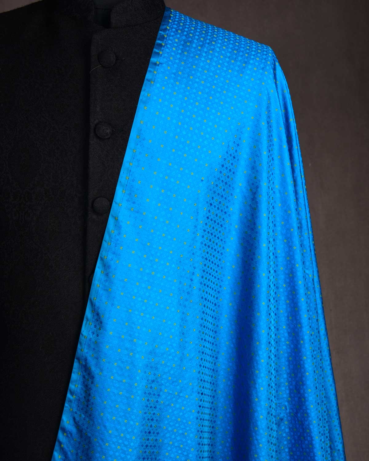 Turquoise Blue Resham Buti Tanchoi Brocade Handwoven Katan Silk Banarasi Fabric-HolyWeaves