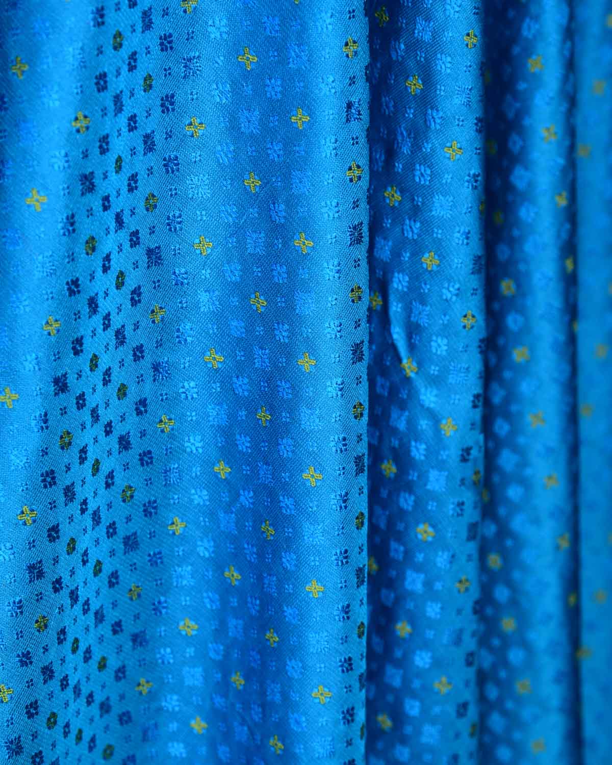 Turquoise Blue Resham Buti Tanchoi Brocade Handwoven Katan Silk Banarasi Fabric-HolyWeaves