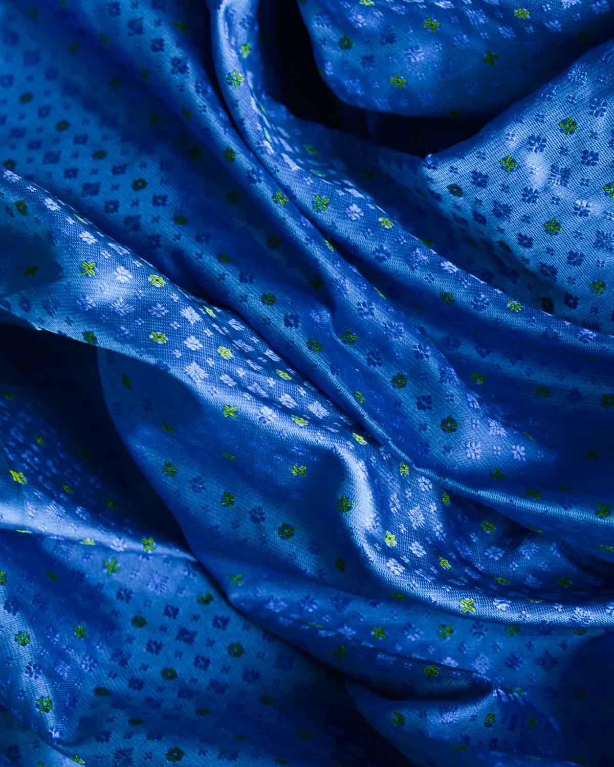 Turquoise Blue Resham Buti Tanchoi Brocade Handwoven Katan Silk Banarasi Fabric-HolyWeaves