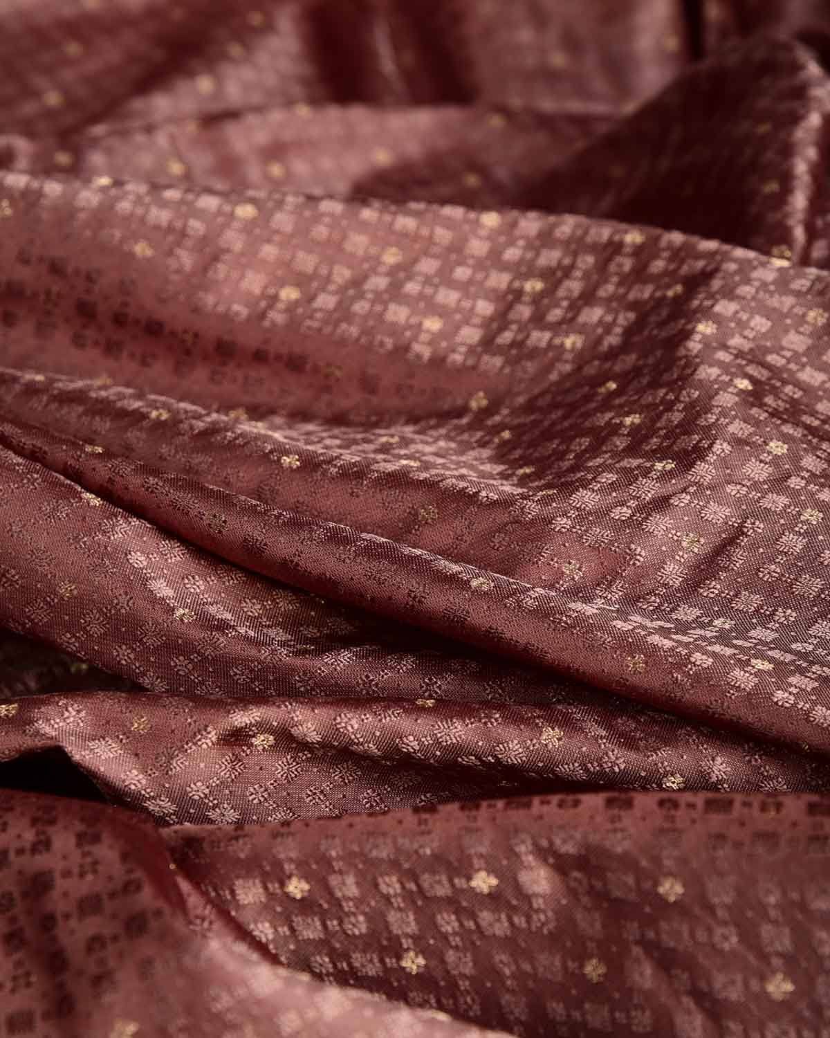 Brown Resham Buti Satin Tanchoi Brocade Handwoven Katan Silk Banarasi Fabric-HolyWeaves