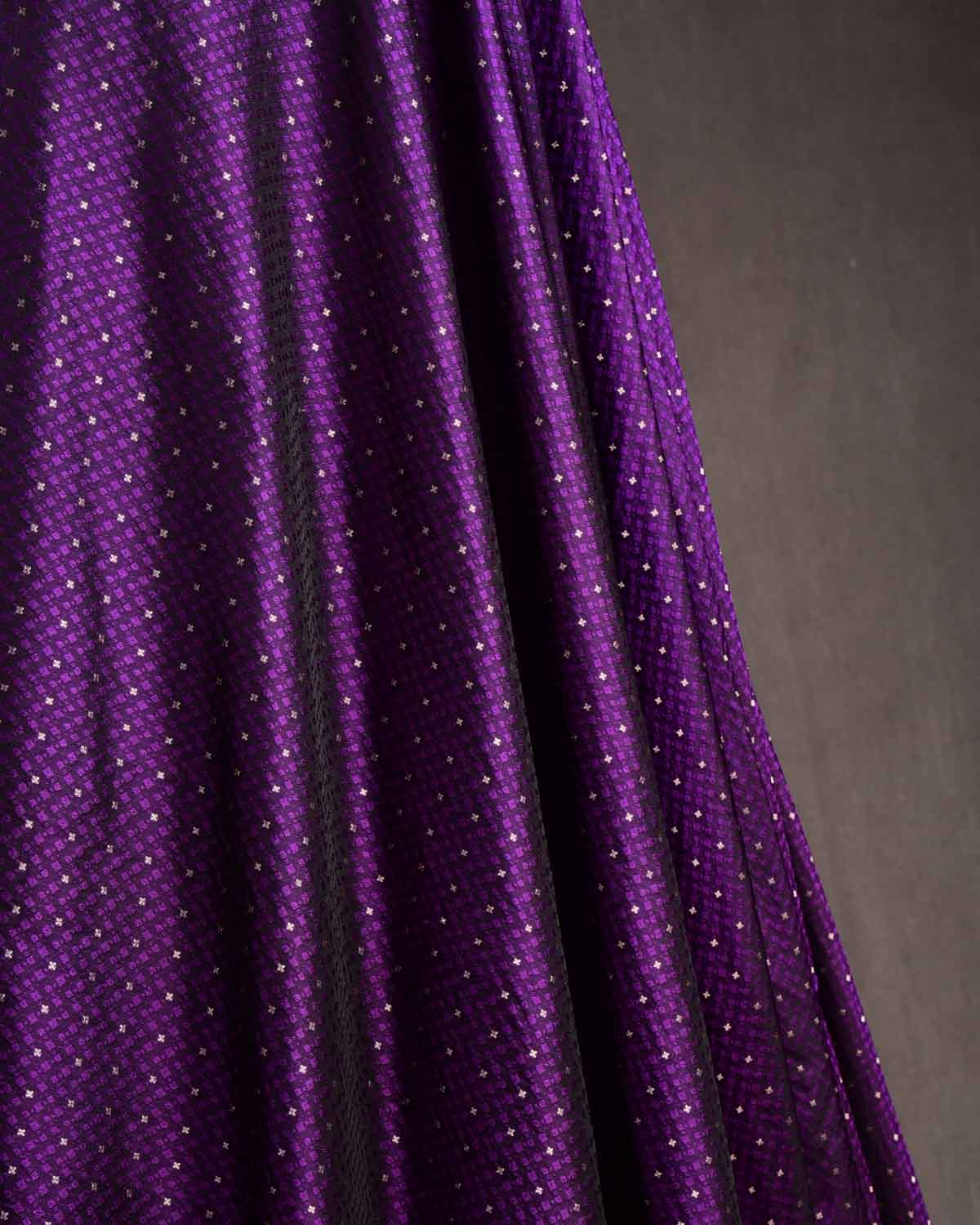 Purple Resham Buti Satin Tanchoi Brocade Handwoven Katan Silk Banarasi Fabric-HolyWeaves