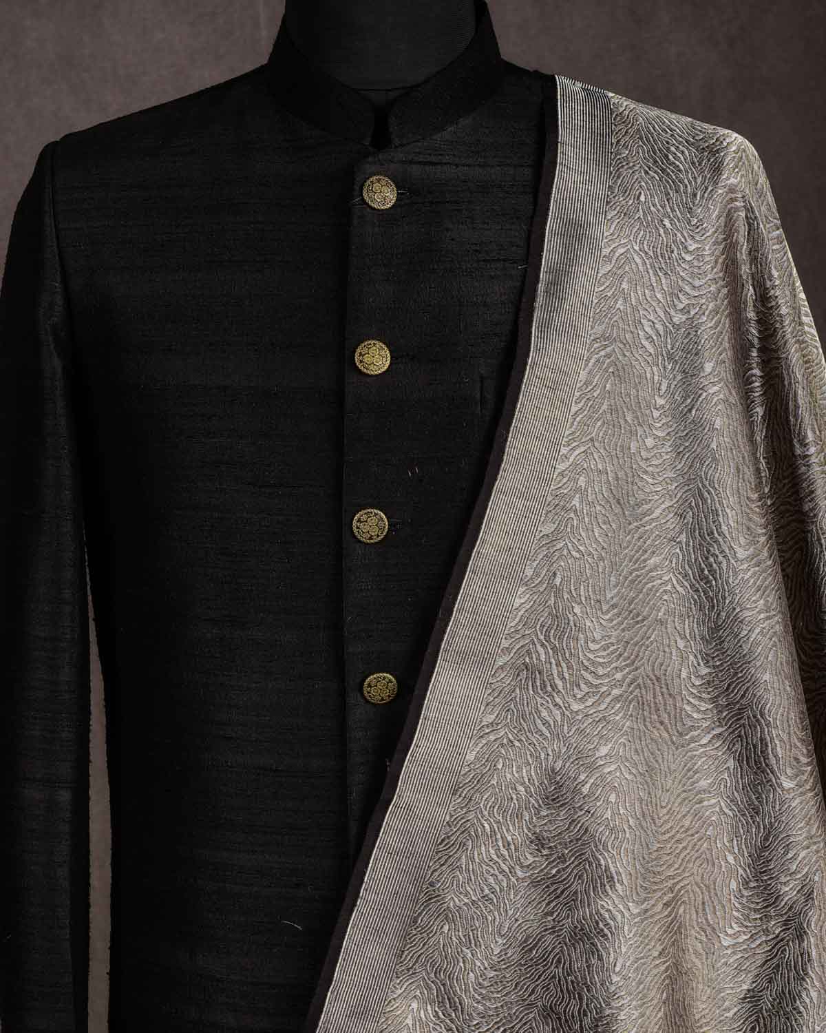 Metallic Gray Gold & Silver Zari Tiger Stripes Brocade Handwoven Silk Wool Banarasi Fabric