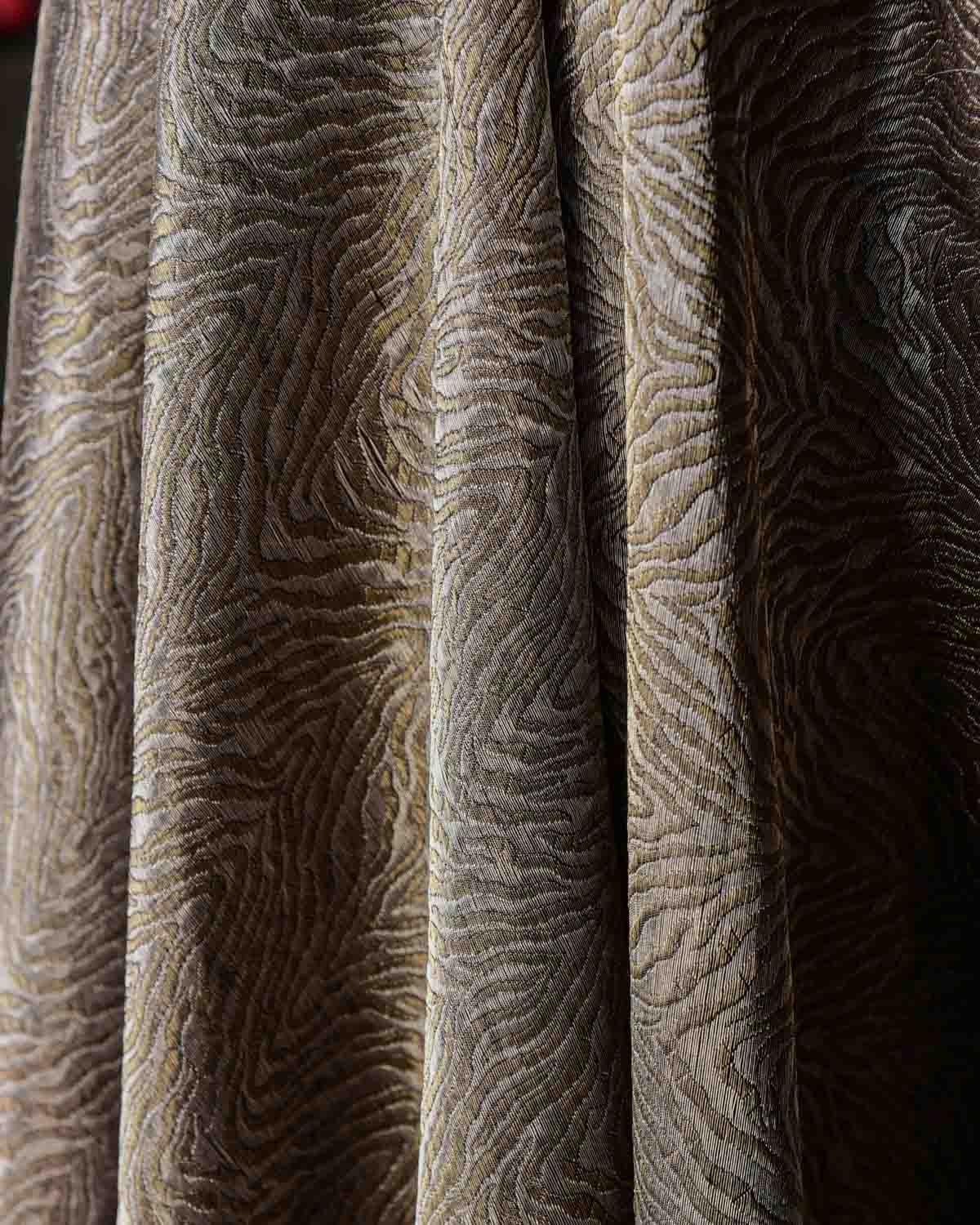 Metallic Gray Gold & Silver Zari Tiger Stripes Brocade Handwoven Silk Wool Banarasi Fabric