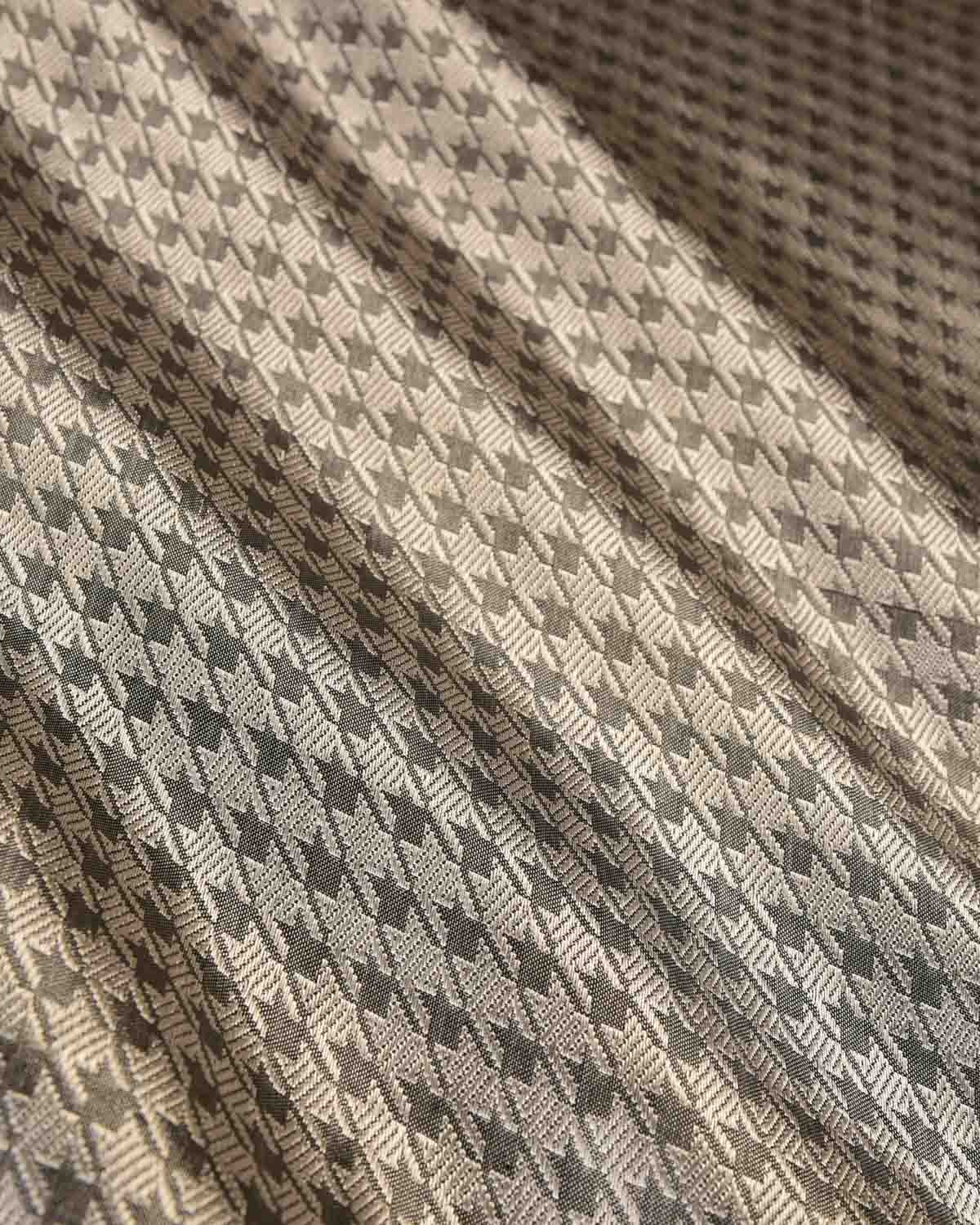 Metallic Gray Banarasi Silver Zari Houndstooth Brocade Handwoven Katan Silk Fabric-HolyWeaves