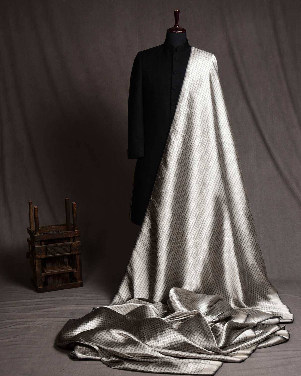 Metallic Gray Banarasi Silver Zari Houndstooth Brocade Handwoven Katan Silk Fabric-HolyWeaves