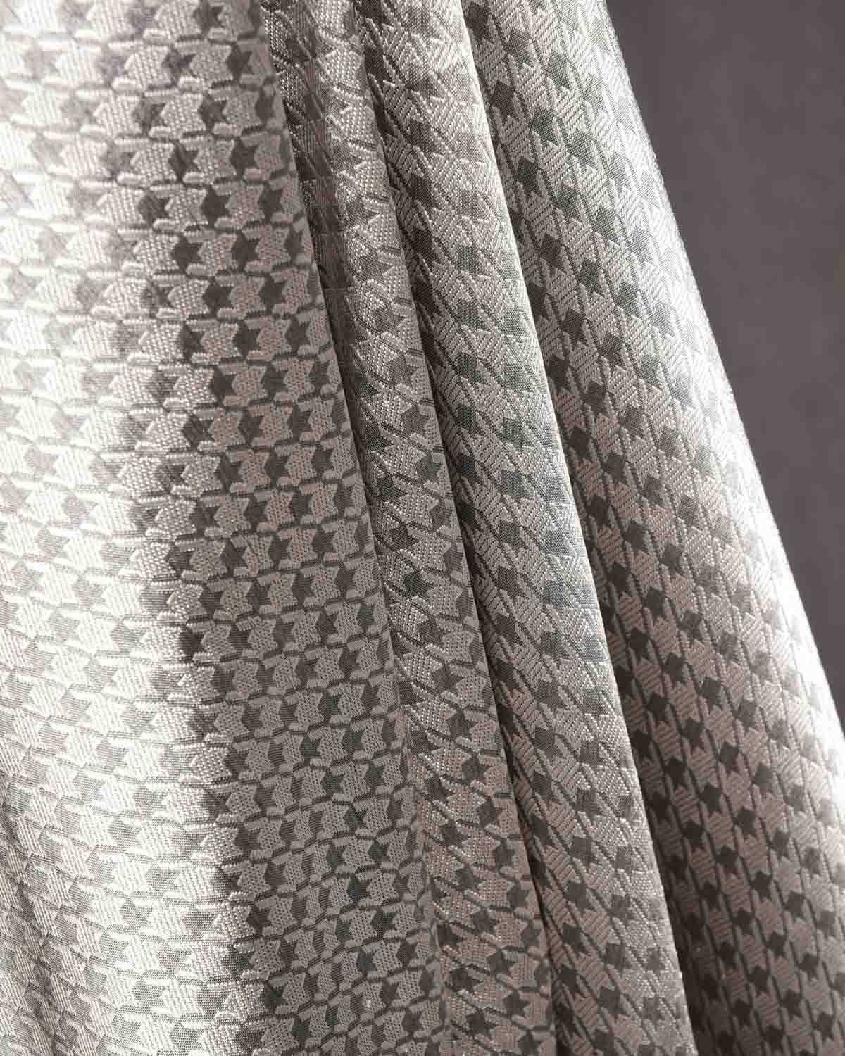 Metallic Gray Banarasi Silver Zari Houndstooth Brocade Handwoven Katan Silk Fabric-HolyWeaves