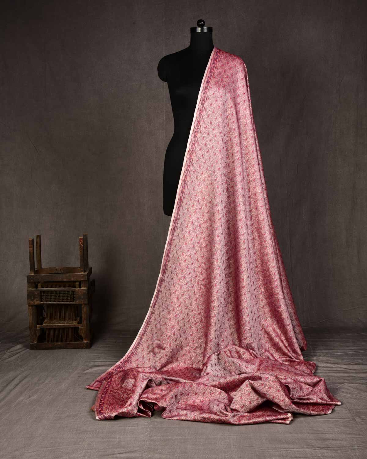 Rose Gray Banarasi Tehra Jamawar Handwoven Silk-wool Fabric with Zari Accents-HolyWeaves