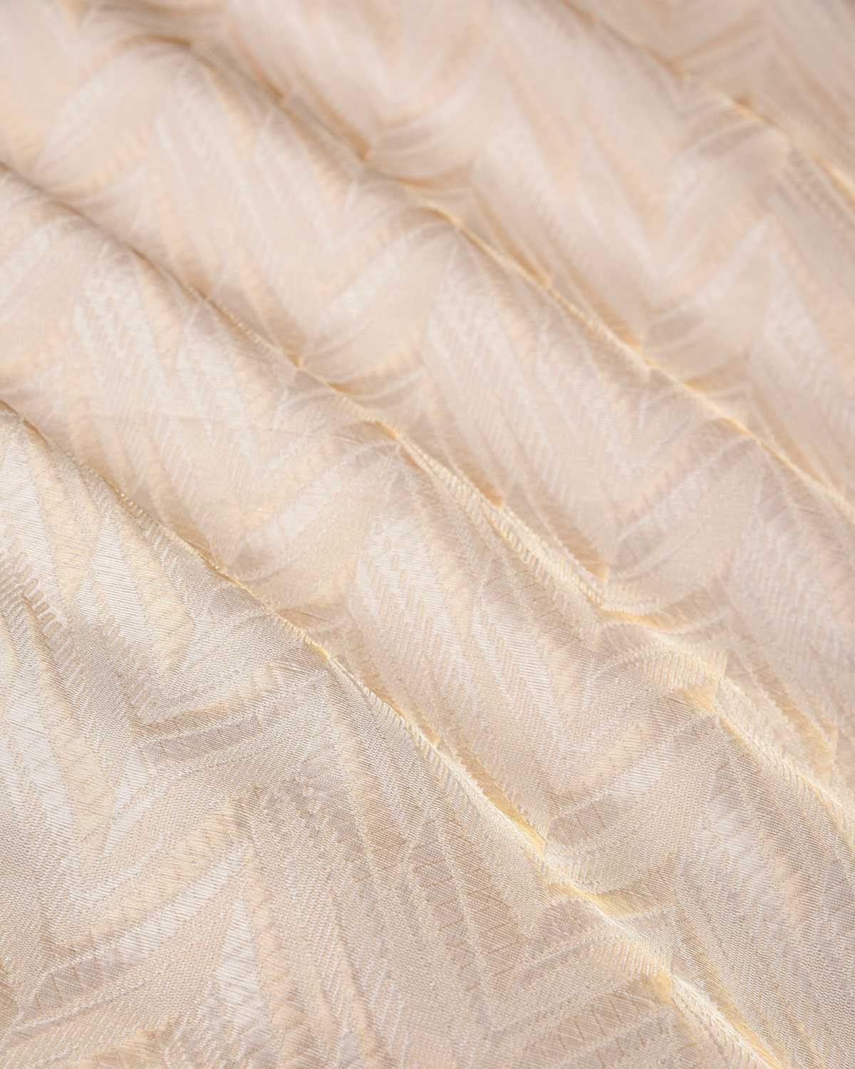 Metallic Cream Banarasi Alfi Gold & Silver Zari Chevron Brocade Handwoven Katan Silk Fabric-HolyWeaves