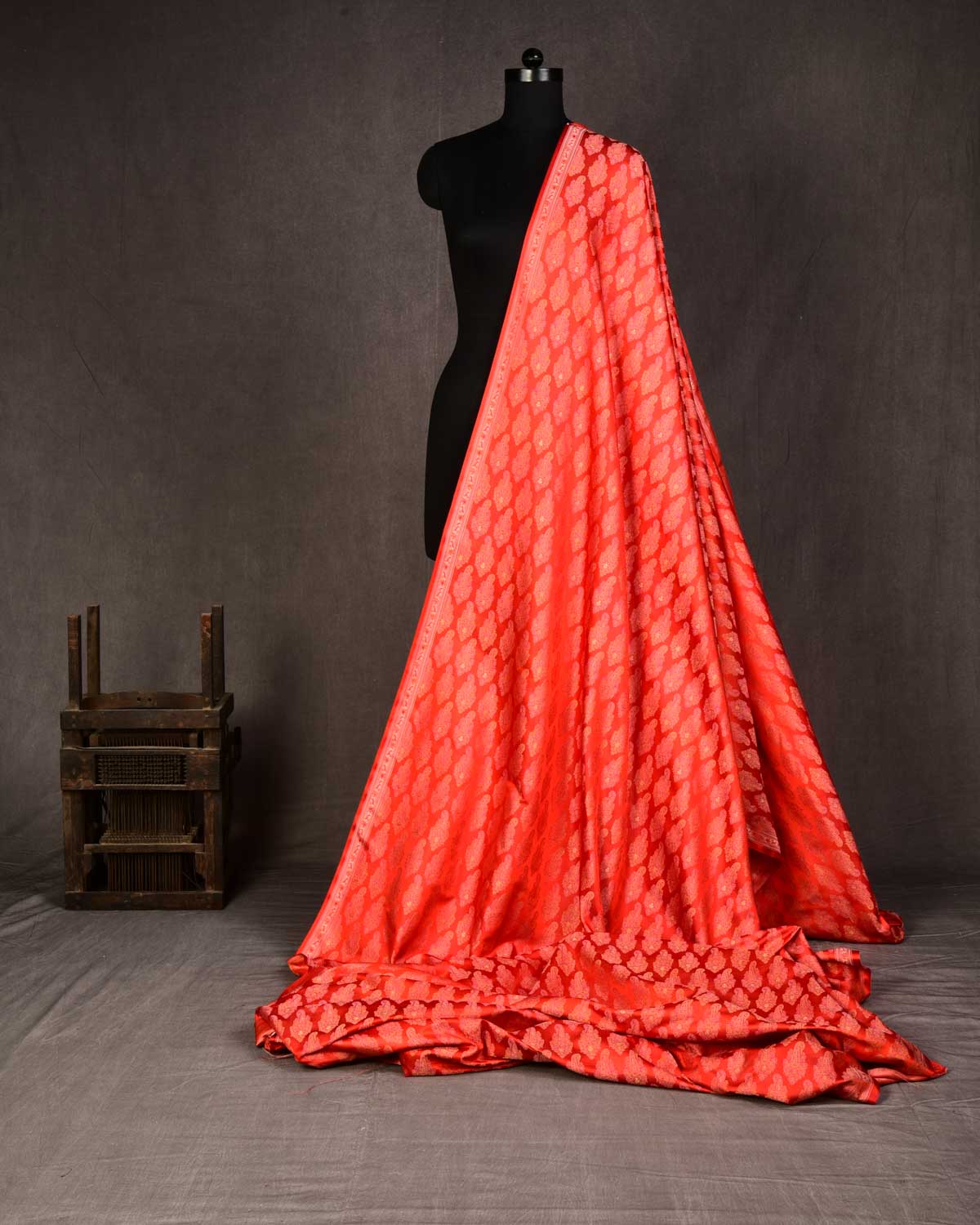 Red Banarasi Tehra Jamawar Brocade Handwoven Katan Silk Fabric with Zari Accents-HolyWeaves