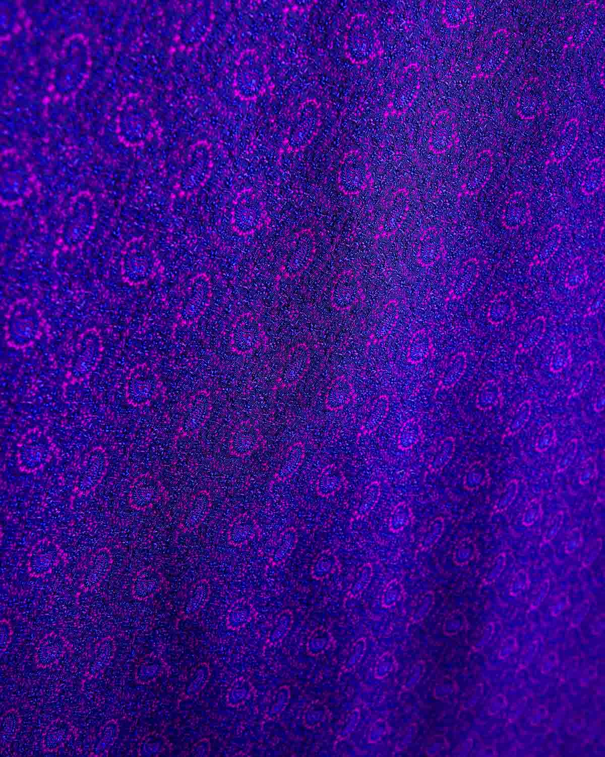 Royal Blue Banarasi Alfi Paisley Jamawar Handwoven Katan Silk Fabric-HolyWeaves