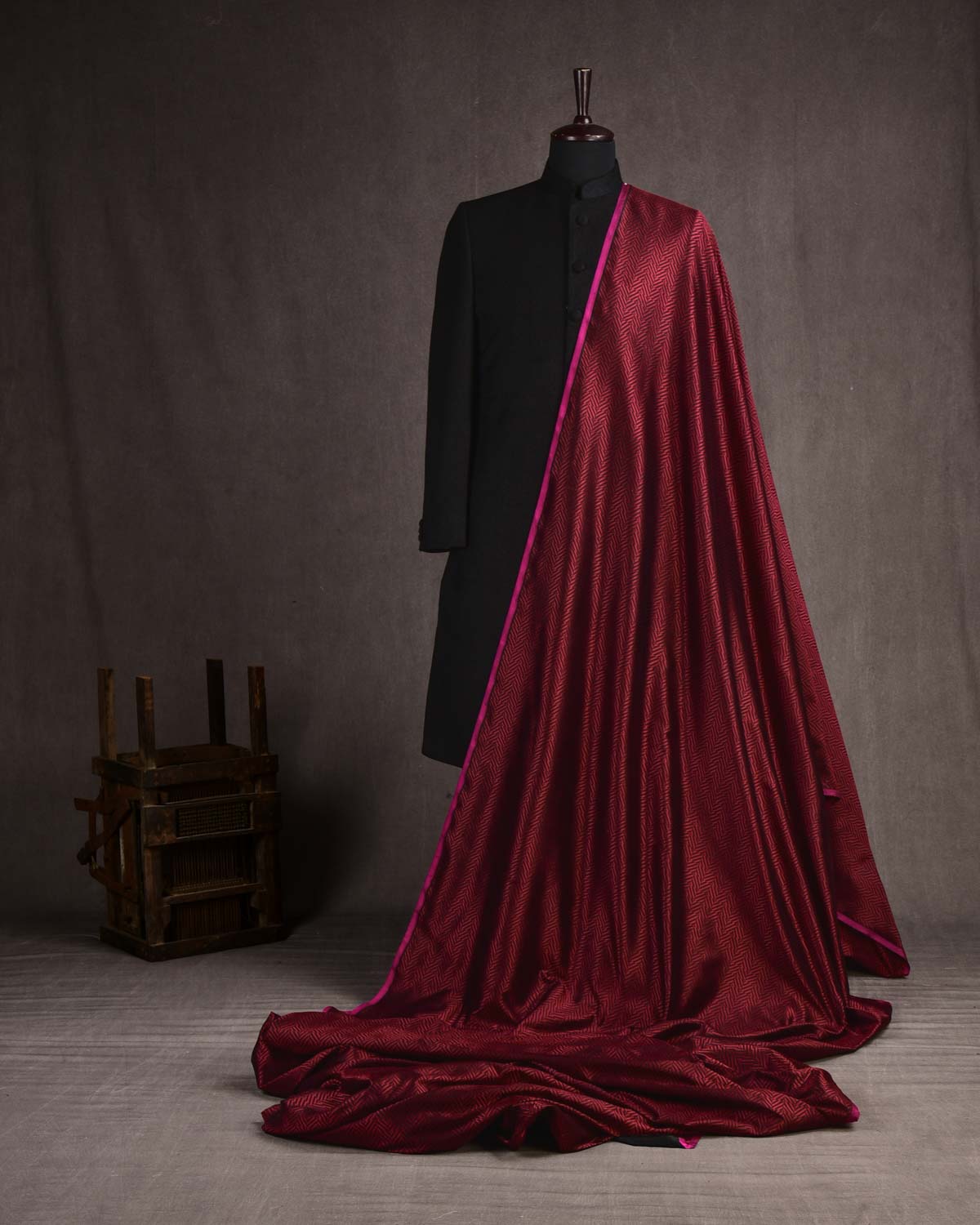 Maroon on Black Banarasi Split Herringbone Brocade Handwoven Katan Silk Fabric-HolyWeaves