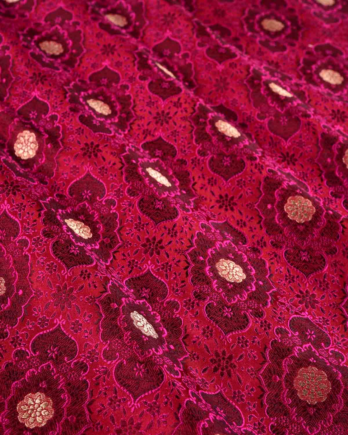 Pink Purple Banarasi Gold Zari & Resham Damask Jamawar Brocade Handwoven Katan Silk Fabric-HolyWeaves