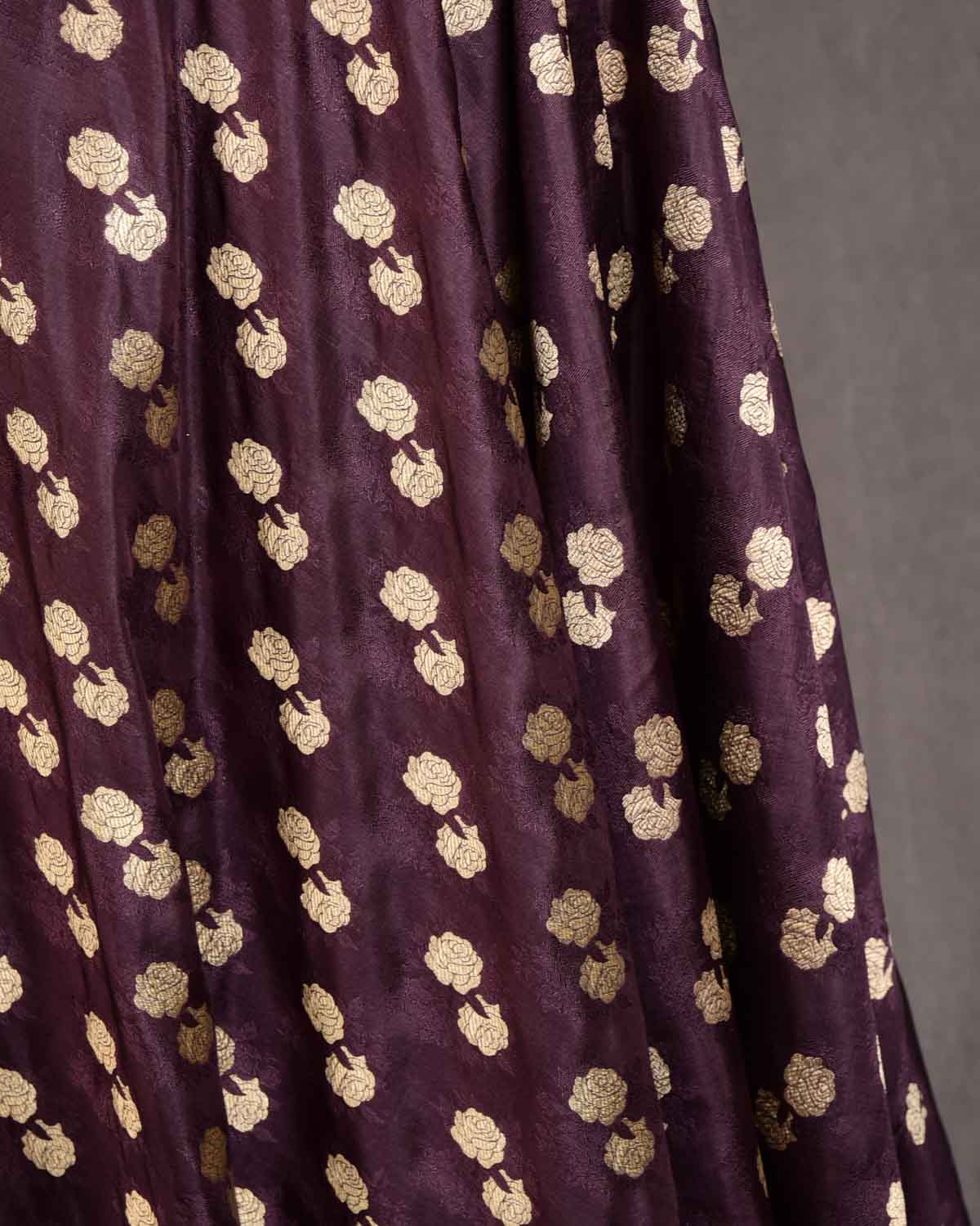 Black Coffee Brown Banarasi Gulab Zari Buti Tanchoi Brocade Handwoven Katan Silk Unisex Fabric-HolyWeaves