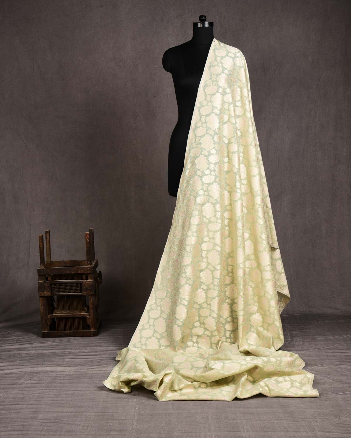 Powder Green Banarasi Gold Zari & Pink Resham Cutwork Brocade Handwoven Cotton Silk Fabric-HolyWeaves