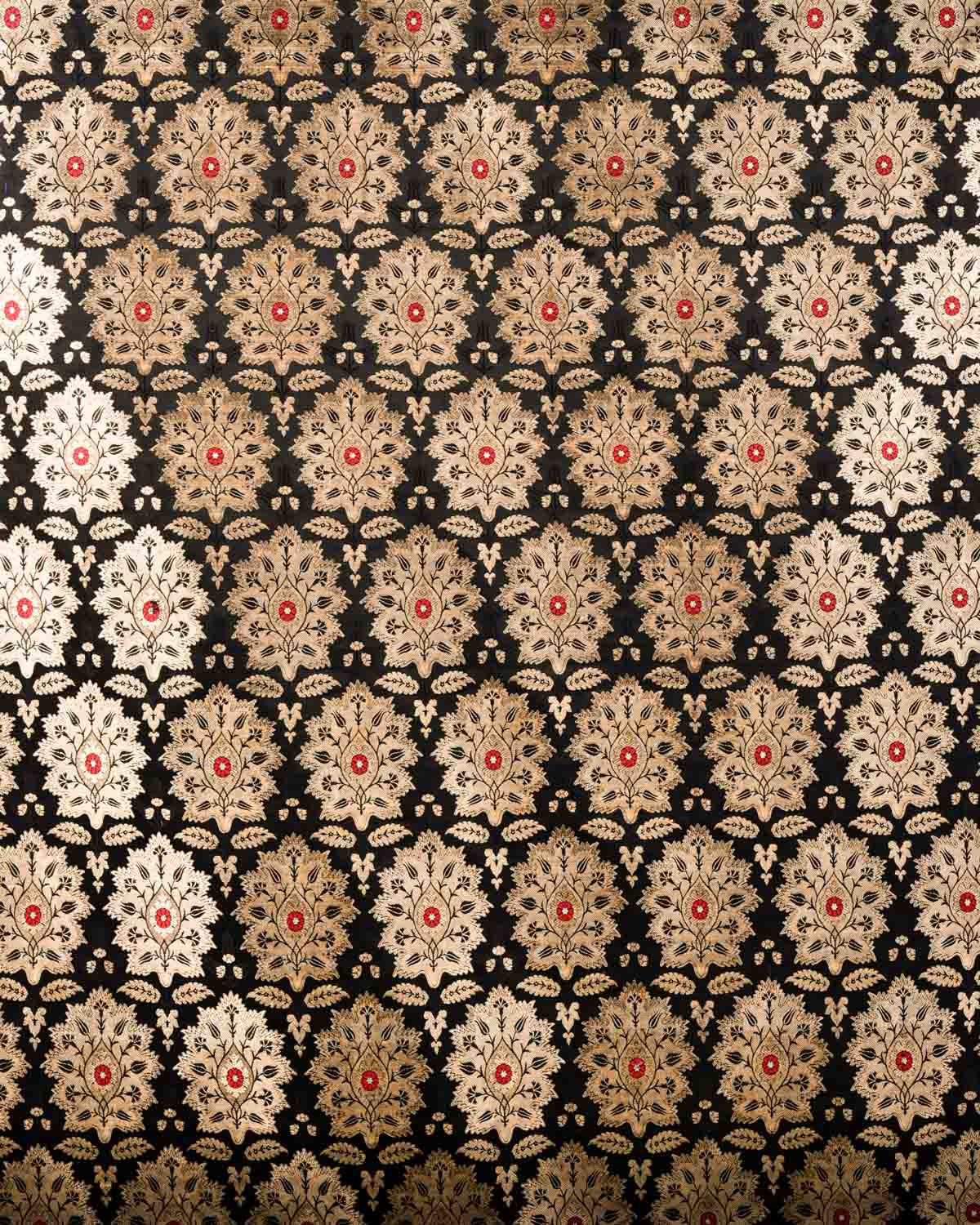 Black Banarasi Kimkhwab Gold Zari Big Leaf with Red Meena Tanchoi Cutwork Brocade Handwoven Katan Silk Fabric-HolyWeaves