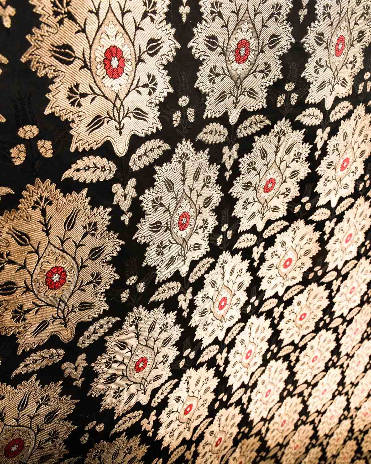 Black Banarasi Kimkhwab Gold Zari Big Leaf with Red Meena Tanchoi Cutwork Brocade Handwoven Katan Silk Fabric-HolyWeaves
