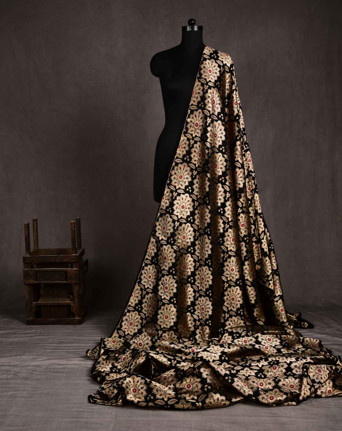 Black Banarasi Kimkhwab Gold Zari Big Leaf with Red Meena Tanchoi Cutwork Brocade Handwoven Katan Silk Fabric-HolyWeaves