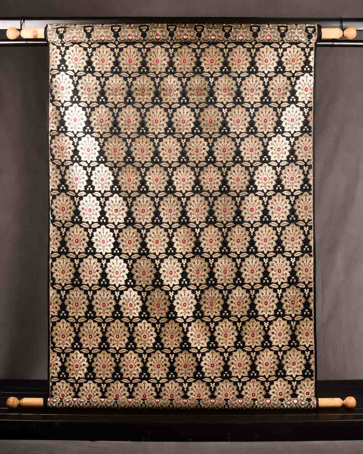 Black Banarasi Kimkhwab Gold Zari Big Leaf with Red Meena Tanchoi Cutwork Brocade Handwoven Katan Silk Fabric-HolyWeaves