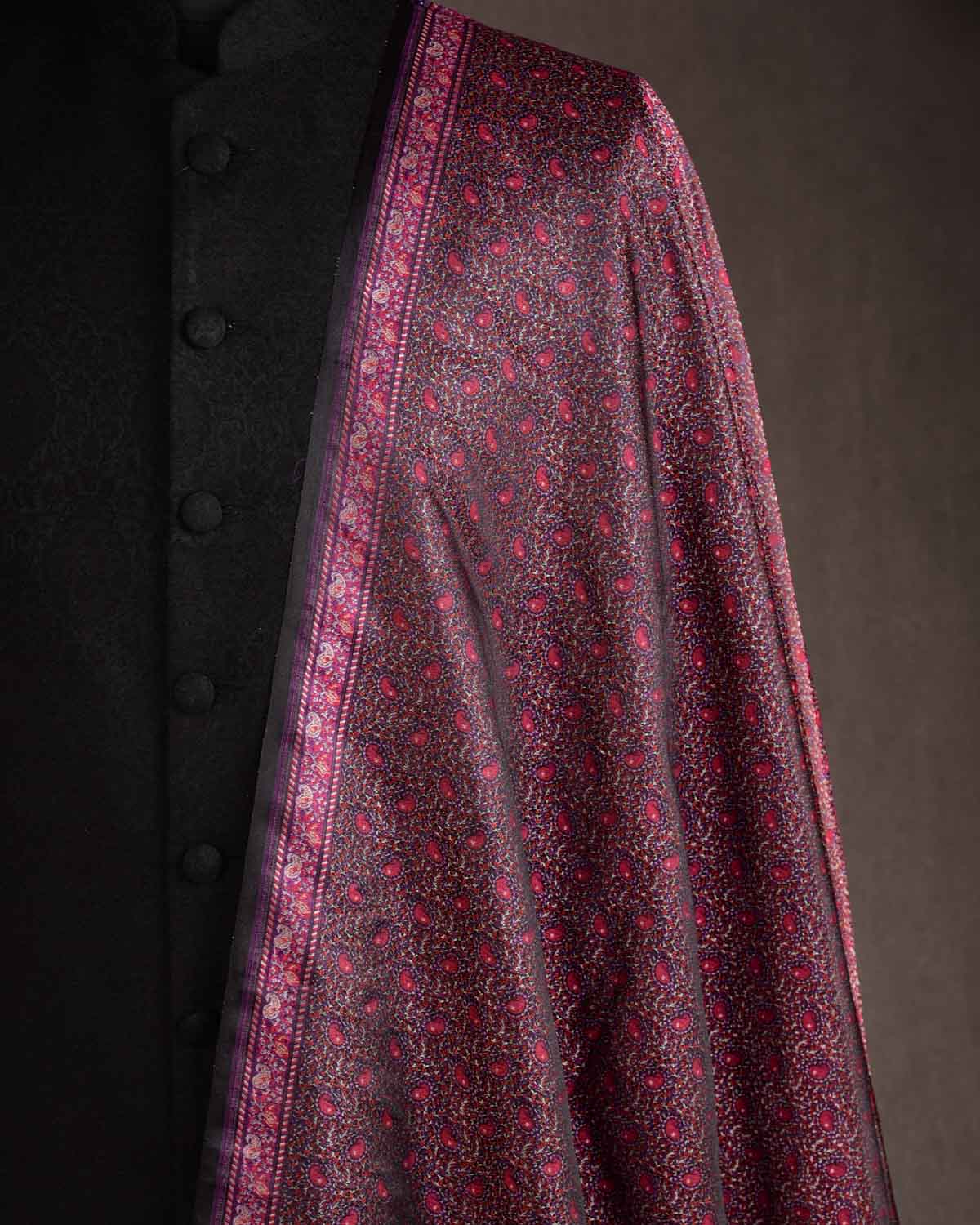 Burgundy Tehri Paisley Jamawar Handwoven Katan Silk Banarasi Fabric-HolyWeaves