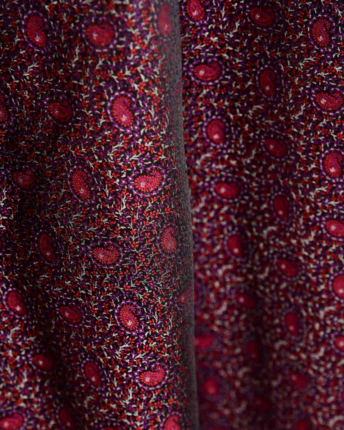 Burgundy Tehri Paisley Jamawar Handwoven Katan Silk Banarasi Fabric-HolyWeaves