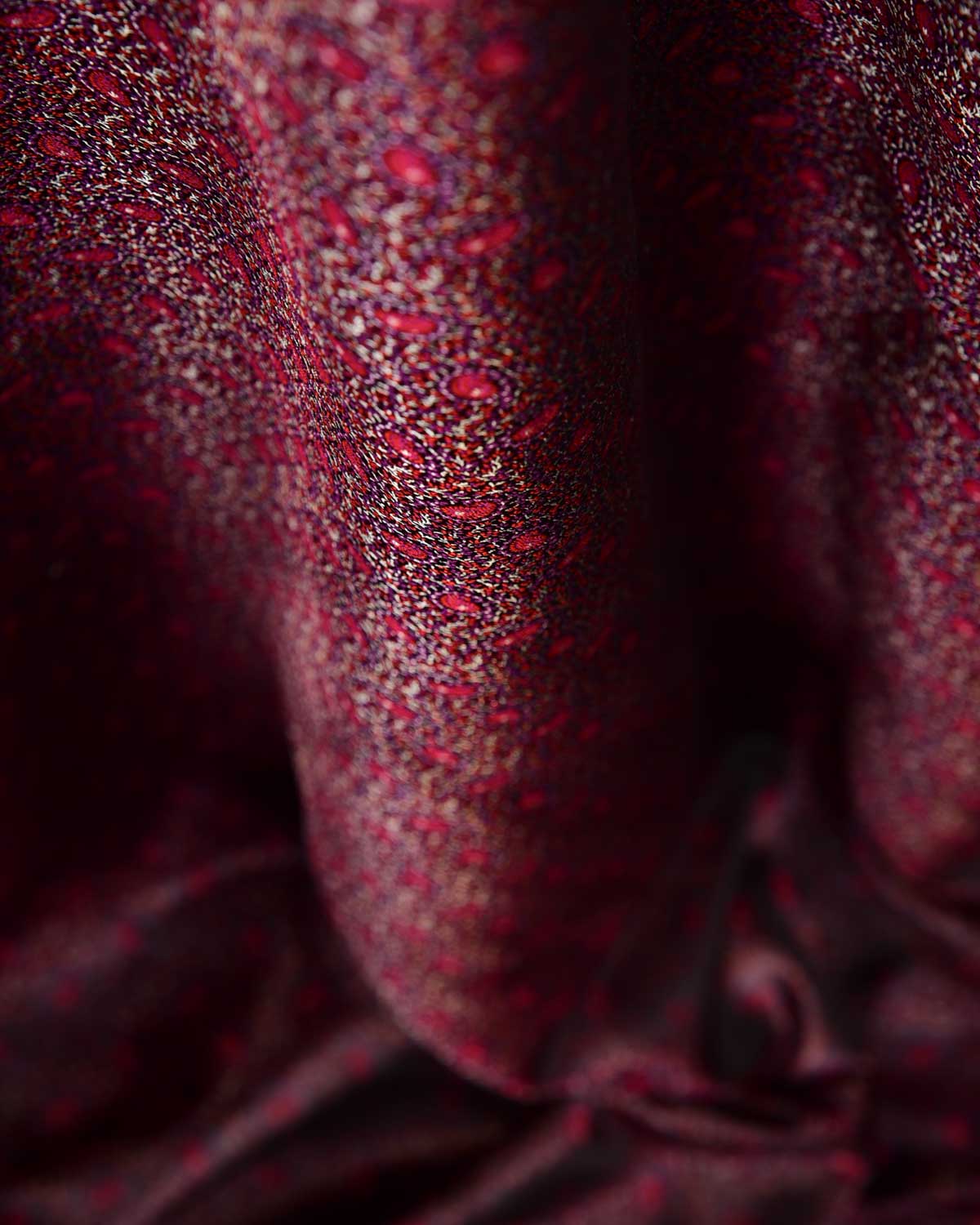 Burgundy Tehri Paisley Jamawar Handwoven Katan Silk Banarasi Fabric-HolyWeaves