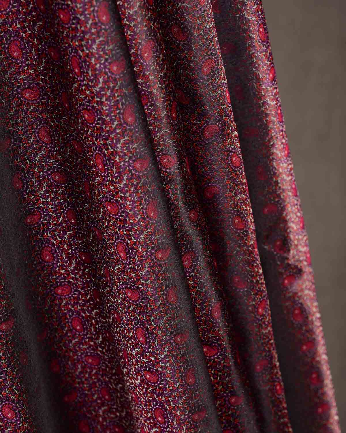Burgundy Tehri Paisley Jamawar Handwoven Katan Silk Banarasi Fabric-HolyWeaves