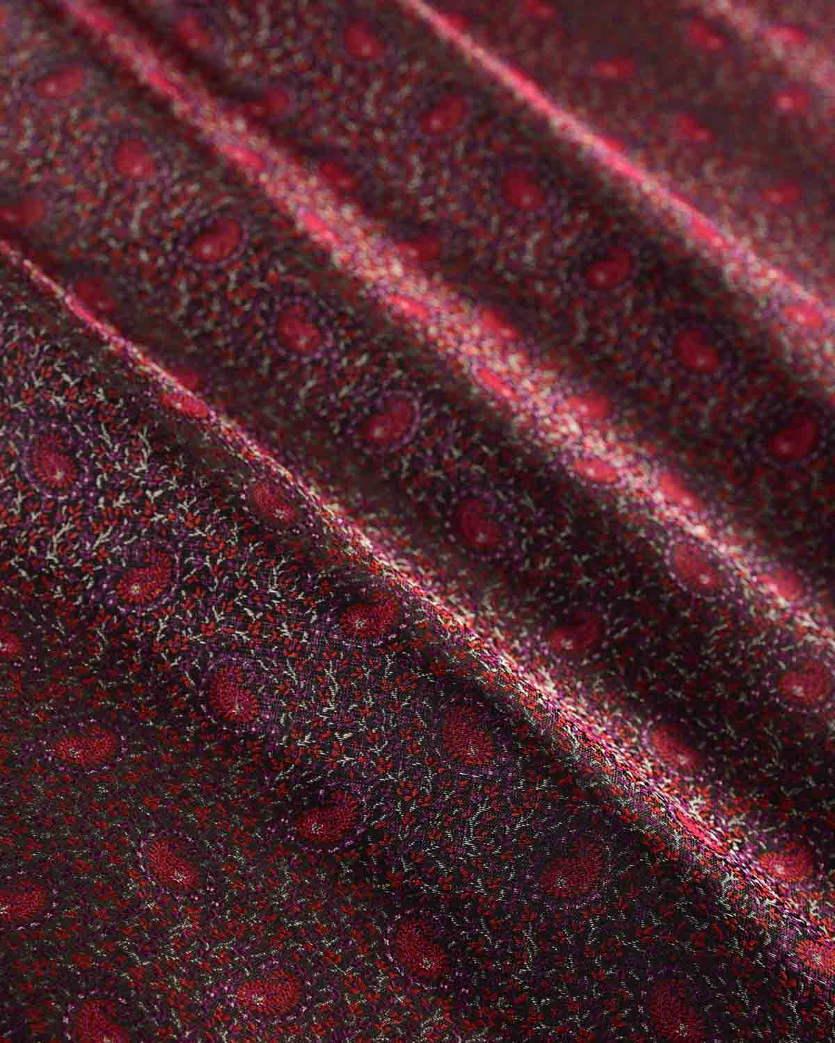 Burgundy Tehri Paisley Jamawar Handwoven Katan Silk Banarasi Fabric-HolyWeaves