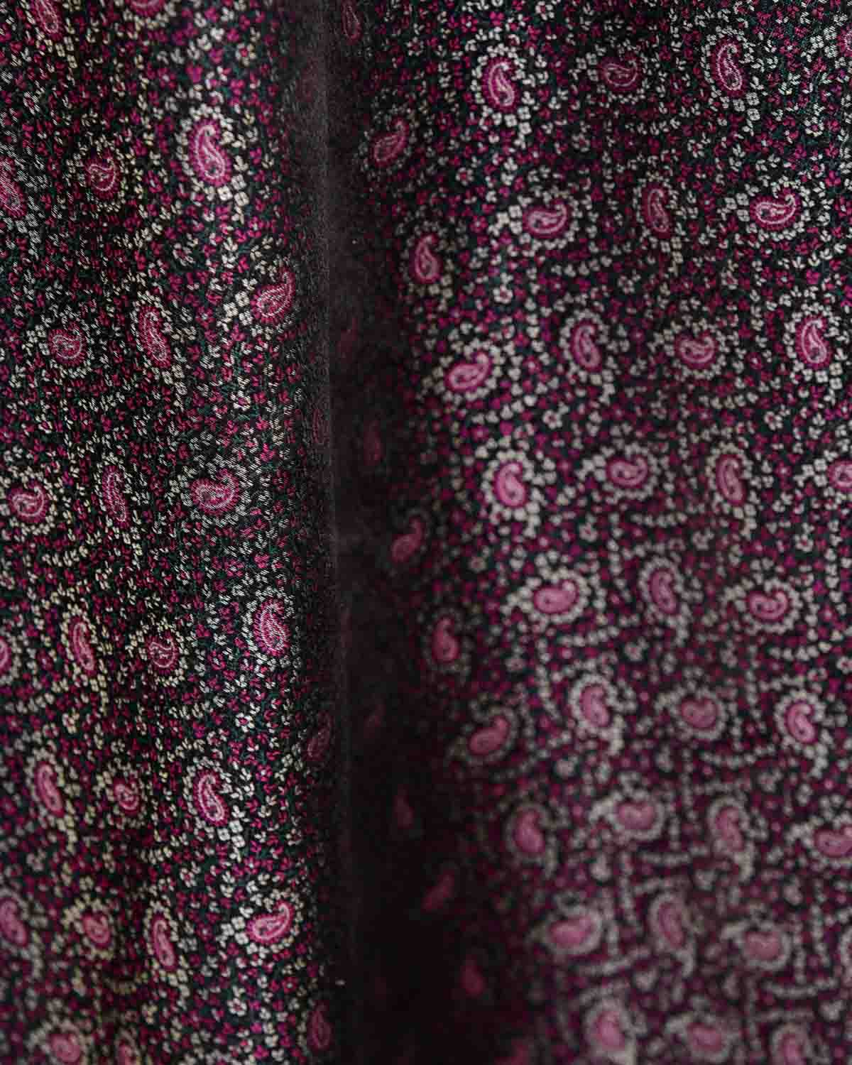 Magenta Green Silver On Black Tehri Paisley Jamawar Handwoven Katan Silk Banarasi Fabric-HolyWeaves