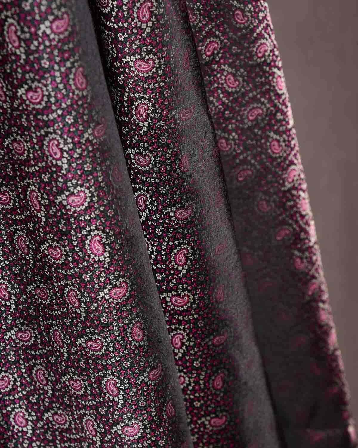Magenta Green Silver On Black Tehri Paisley Jamawar Handwoven Katan Silk Banarasi Fabric-HolyWeaves