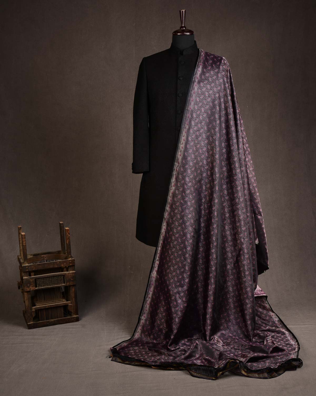 Magenta Green Silver On Black Tehri Paisley Jamawar Handwoven Katan Silk Banarasi Fabric-HolyWeaves